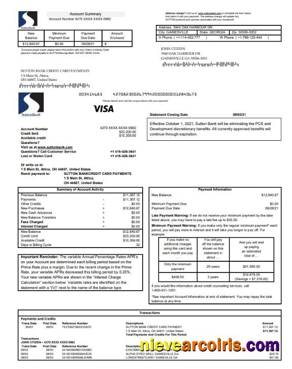 USA Sutton bank Credit card statement